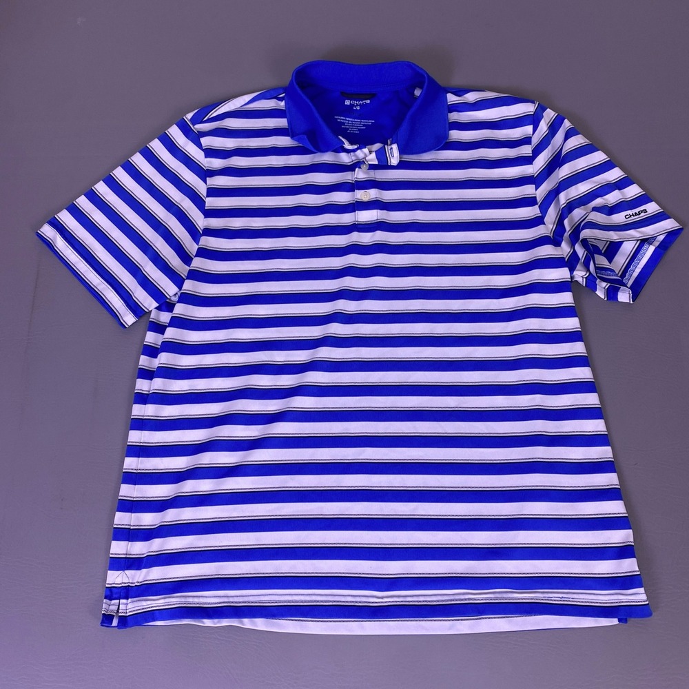 Chaps Golf  Polo Shirt Men's Size Large Blue White Striped Stay-Dry Performance*